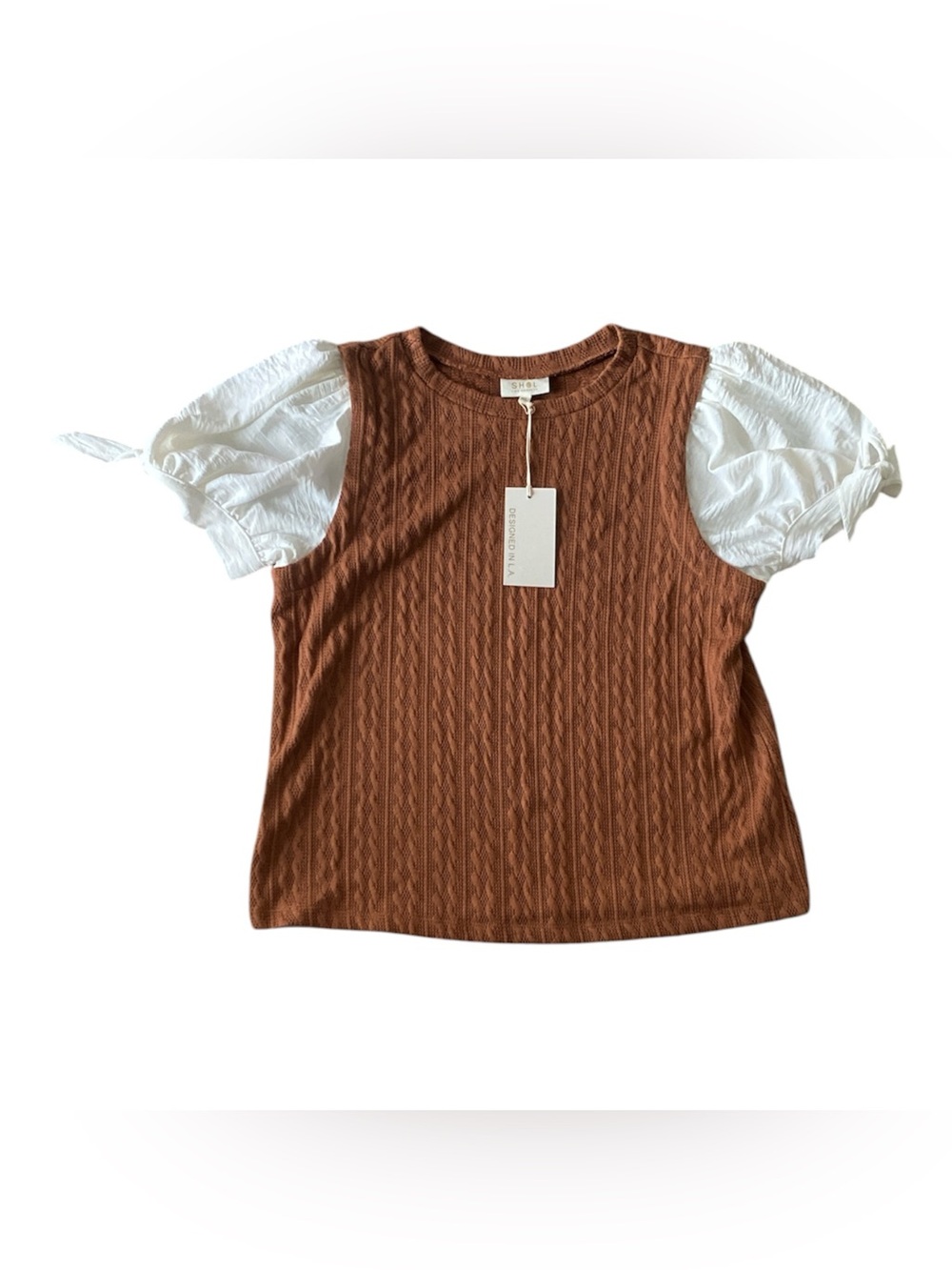 NWT SHOL Cable Knit Brown Puff Sleeve Top with White Sleeves XL F37